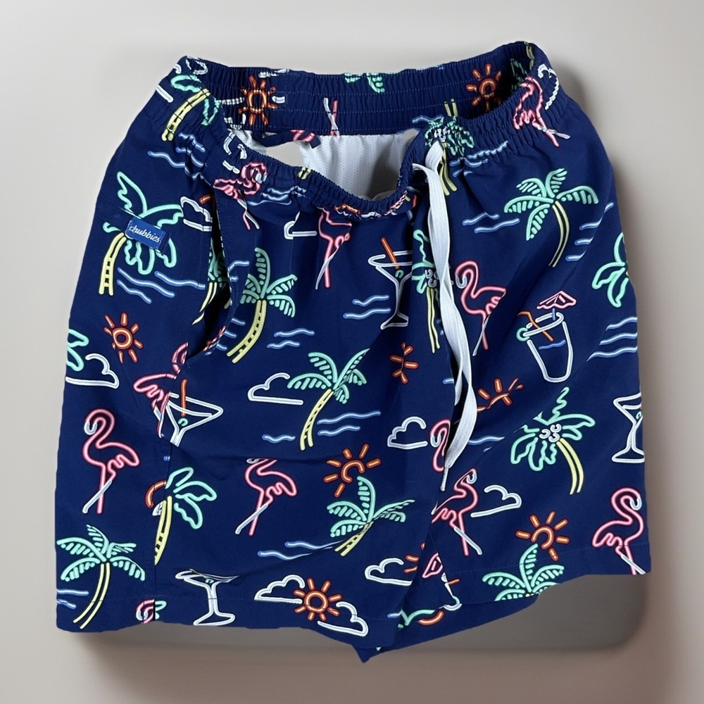 Chubbies Shorts Men Sz S Swim Neon Lights Flamingo Umbrella Drink Palms 7''